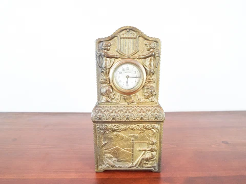Antique 19th C Harmony German Mantle Clock Music Box 2 Airs Repousse Heavy Brass Cover