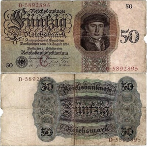 Banknot 50 Reichsmark 1924 Berlin Reichsbank DEU-176a Ro.170a P-177 C/D - Zdjęcie 1 z 1
