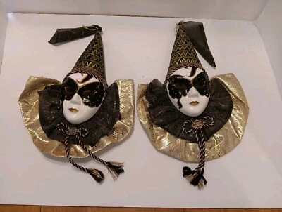 ANCO Ceramic Mask Wall Hanging Carnival Jester Mardi Gras 14" Long Set of 2 - Image 1 of 4