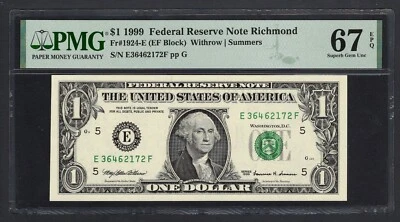 United States-Federal Reserve 1 Dollar 1999 Fr#1924-E (EF Block) UNC Grade 67 - Image 1 of 2