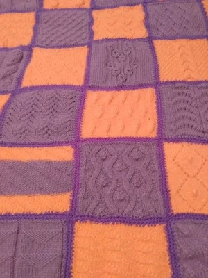 复古粗手工针织/钩针编织橙色和紫色方形扔 56"X 54 — 第 1/4 张图片