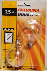 2 NEW Sylvania Doublelife 25W Light Bulbs Clear Globe Small Base G16.5 READ - Picture 1 of 8