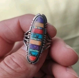 Sterling Silver Turquoise Inlay Ring Size 9 Signed T Inlaid Philippines 925 - Picture 1 of 9