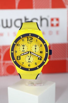 NEW Swiss Swatch Chrono SOLLEORE Yellow And Navy Date Sports Men's Watch SUSJ40 - Image 1 of 4