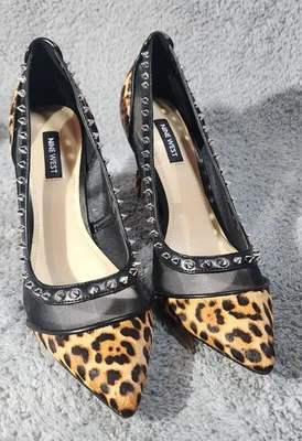Nine West Leopard Print Studded Stiletto Pumps 4" Heel Calf Fur 8.5 NEW W/BOX  - Image 1 of 4
