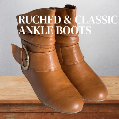Ruched Ankle Boots – Faux Leather • Flat Heel • Large Buckle Strap • Fall Ready - Image 1 of 4