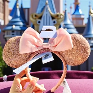 Disney DLR Disneyland 4th Edition Pink Satin Bow Rose Gold Minnie Ears Headband - Picture 1 of 2