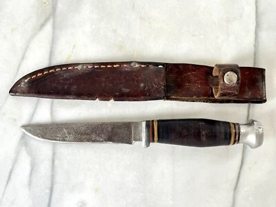Cuchillo de hoja fija vintage raro KINFOLKS USA 315 ~ mango y funda de cuero Foto 1 de 4