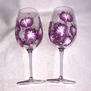 Luigi Bormioli Hand Painted Pink Floral Wine Glasses Silver Accents Signed - Picture 1 of 9