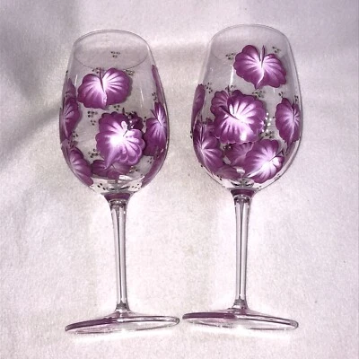 Luigi Bormioli Hand Painted Pink Floral Wine Glasses Silver Accents Signed - Image 1 of 4