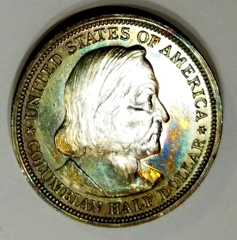 1893 Columbian Silver Commemorative Half Dollar BU Rainbow Toned Looks PL Cover