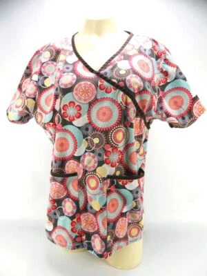 Tafford Floral Scrub Top Mock Wrap Nursing Vet Aqua Blue Red Brown Medium - Image 1 of 3