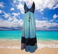 Womens Maxi Dress, Silk Maxi Dresses,Blue Flared Hippy Maxi Boho Beach Dress S/M