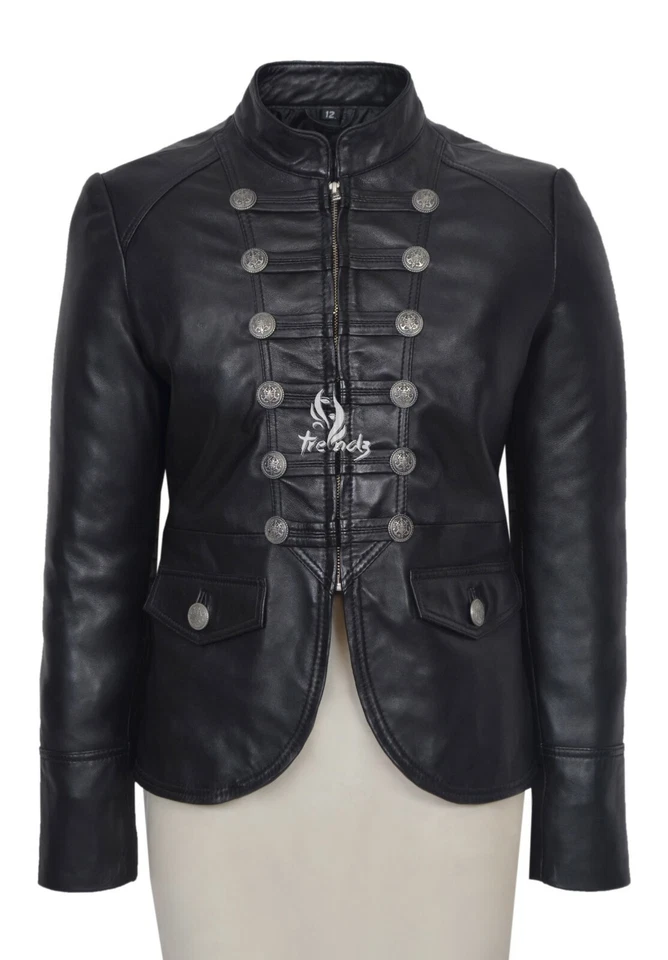 SCARLET Ladies Leather Jacket Black Studded Military Style Real Leather Jacket - Image 1 of 4