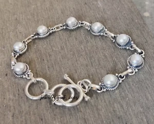 White Pearl Bracelet Solid 925 Sterling Silver Handmade Adjustable Bracelet MK* - Picture 1 of 8