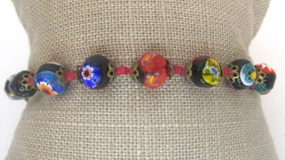 Pulsera vintage de cuentas de cristal de Murano Millefiori anudada a mano 9" Foto 1 de 4