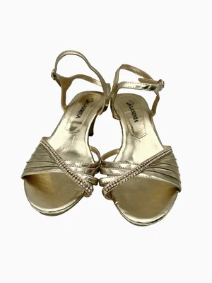 Sandalias de vestir para mujer La Sonia doradas con tiras estrás tacones talla 8 1/2 Foto 1 de 4