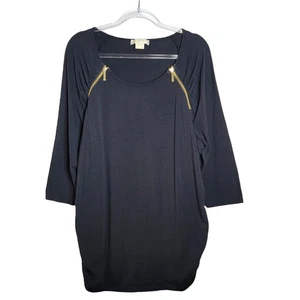 Michael Kors Black Top Plus Size 2X Gold Zippers Rouched Sides Pullover Stretch - Picture 1 of 7