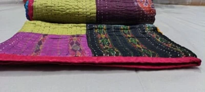 Indian Handmade Silk Patchwork Twin Size Kantha Quilt Throw Blanket Bedspread - Image 1 of 4