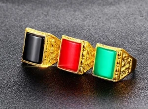 18ct Gold Plated Unisex 18mm Square Agate Stone Adjustable Open Band Thumb Ring - Picture 1 of 8