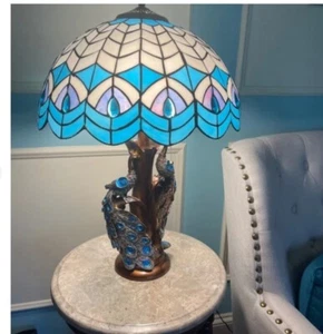 23.5" Tiffany Style Stained Glass Victorian Peacock Blue Table Desk Lamp - Picture 1 of 6