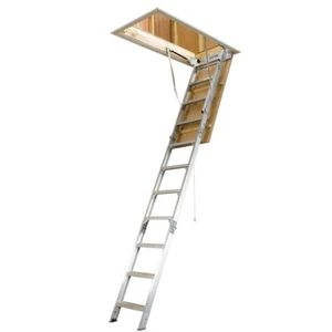 Attic Ladder Pull Down Stairs Steps Ceiling Wood Door Aluminum Attic Ladder 7 ft - Picture 1 of 3