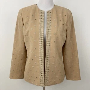 Oscar De La Renta Tan 100% Wool Blazer Size 10P Embroidered Round Neck Lined - Picture 1 of 11