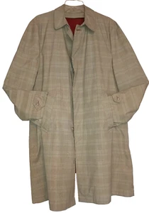Vtg Plaid Green Gray Coat Overcoat Raincoat Long Unisex Collared Red Lining  - Picture 1 of 10