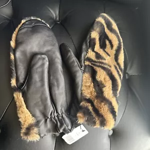 NWT SAKS FIFTH AVENUE Black Leather Faux Fur Animal Leopard Print L/xl - Picture 1 of 5