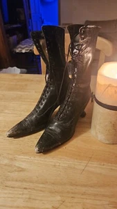 Victorian Boots Ladies High-Top Lace-Up Black Leather Heeled Witch Shoes BROWN 5 - Picture 1 of 24