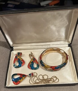 Vintage Cloisonné Bangle Bracelet * Earrings * Pendant + Gold Tone Chain *MINT - Picture 1 of 15