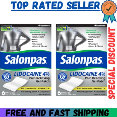 Parche de gel para aliviar el dolor Salonpas Lidocaína 4 % 6 unidades, (paquete de 2) Foto 1 de 4