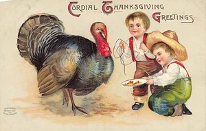 Postcard: Cordial Thanksgiving Greetings, Turkey & Children, Int'l Art, 1908 - Picture 1 of 2
