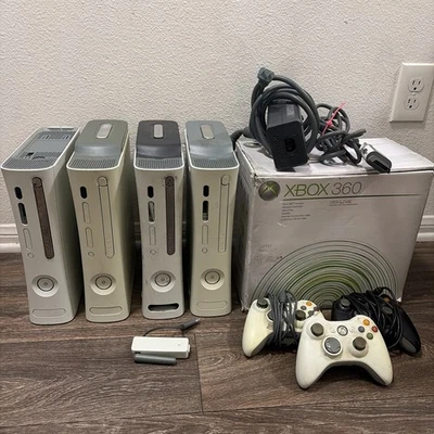 Xbox 360 Console Lot (4) – AS-IS Parts – 2 Bad Trays – Controllers Cords Box - Image 1 of 4