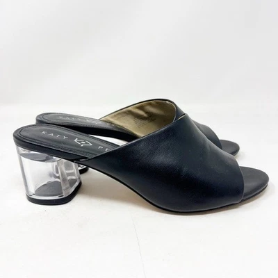 SANDALIAS KATY PERRY LANDEN NEGRAS IMITACIÓN CUERO TACÓN LUCITE SIN CORDONES PEEP TOE TALLA 8 Foto 1 de 4