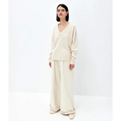 NWOT Allude Cashmere Women Sweater Preppy Nude Taupe Brown V-Neck Minimalist - Image 1 of 4