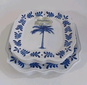 Set piatti da pranzo e insalata 8 pezzi Tommy Bahama blu palma melamina, nuovi - Foto 1 di 1