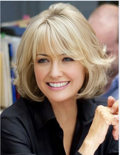 Pelucas cortas Bob rubias naturales onduladas sintéticas mujeres suaves uso diario con flequillo Foto 1 de 4