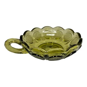 Fostoria Green Glass Handled Nappy Dish, Eagle Torch Coin Dot Vintage Beautiful - Picture 1 of 10