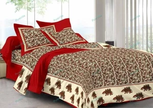 Rajasthani Jaipuri Printed Cotton Double Bed Sheet With 2 Pillow Cover 90x108 - Picture 1 of 8