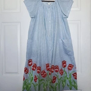 VINTAGE Willow Creek Medium Blue and White Stripe Tulip Nightgown Duster Floral - Picture 1 of 7