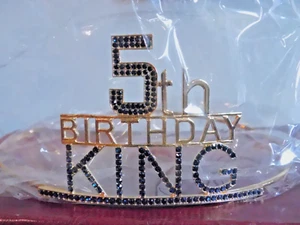 NEW Birthday Boy FIVE "5th Birthday King" Gold Tone Crown Black Gems Party Prop! - Picture 1 of 13