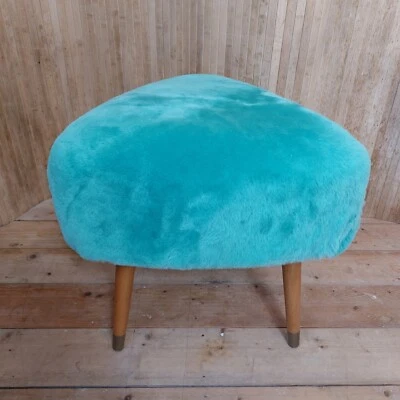 Fab Vintage Mid Century Retro Triangular Footstool Pouffe Mint Green Sheepskin - Image 1 of 4