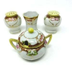 Nippon Hand Painted Antique Sugar Bowl Roses Raised Enamel Gold Trim Lot - Picture 1 of 11