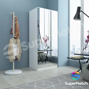 2 Door Mirrored Wardrobe Bedroom Cupboard Closet Storage Cabinet Organiser White - Picture 1 of 11