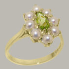 Solid 9ct Yellow Gold Natural Peridot & Full Pearl Womens Cluster Ring