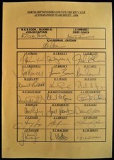 NORTHAMPTONSHIRE COUNTY CRICKET CLUB 1998 OFFICIAL CRICKET AUTOGRAPH TEAM SHEET