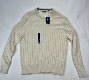 IZOD Mens Ivory Cable Knit Cotton Blend Crew Neck Pullover Sweater Large NWT - Picture 1 of 9