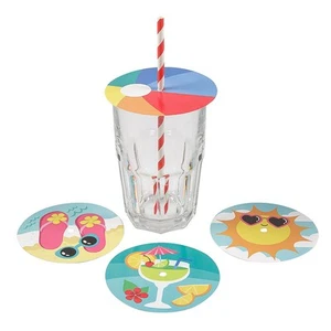 Fun Express Summer Party Paper Drink Toppers with Striped Straw, 4" diam.  24 Pc - Picture 1 of 1