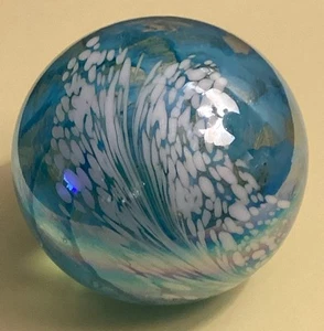Handmade Art Glass Paperweight Iridescent turquoise white Swirl 2.5" - Picture 1 of 8
